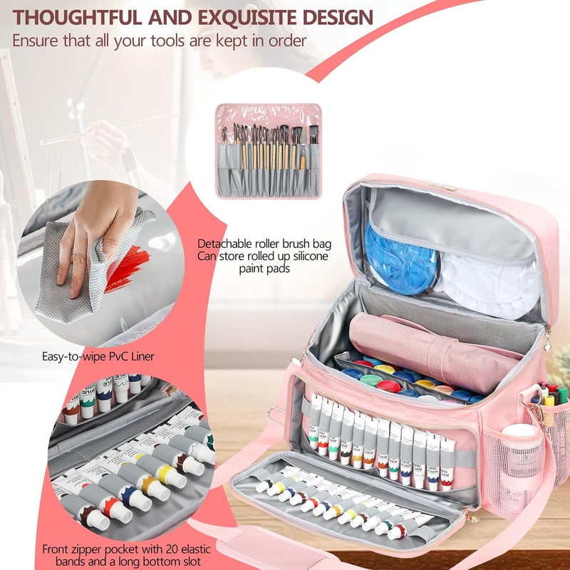 POCDUORG Store Acrylic Paint and Brush Set Organizer Bag - Carrying Case Compatible with Apple Barrel, Shuttle Art, Caliart Art Supplies - Includes Detachable Paint Brush Holder - for Home/Travel/Outdoor (Pro Pink) - Image 4